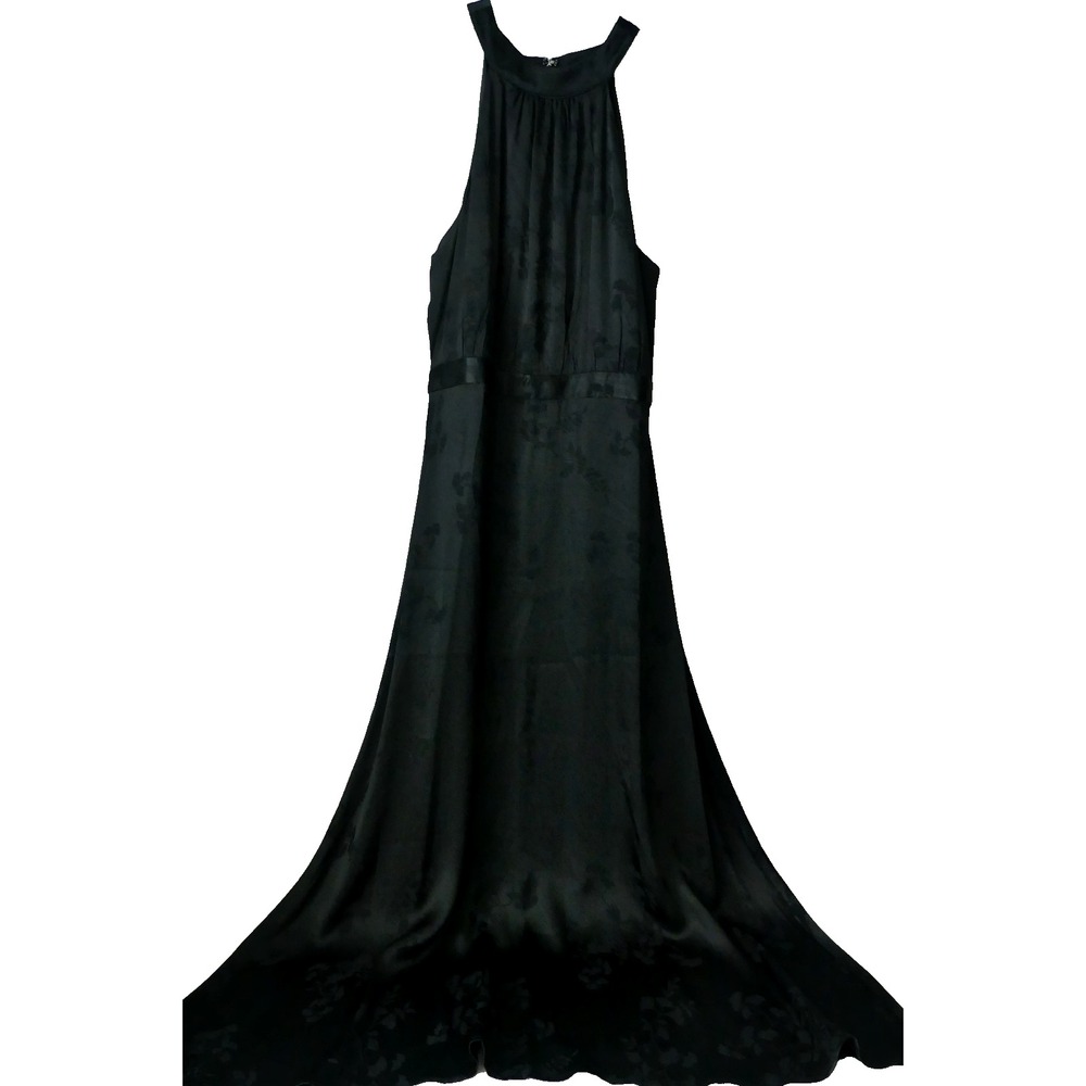 Loft Black Jacquard Halter Maxi Dress Floral Satin‎ Waist Evening Gown 6 NEW